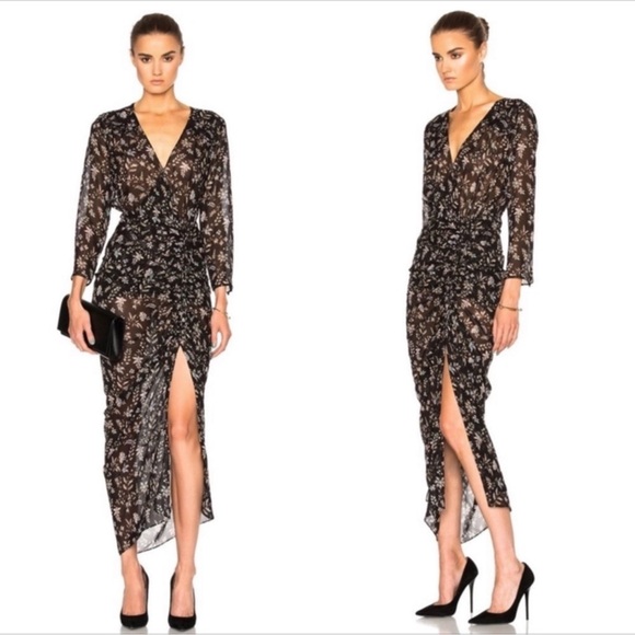 Veronica Beard Merrill Drawstring Midi Dress Black Floral Size 6 Ruched Silk - Picture 9 of 16